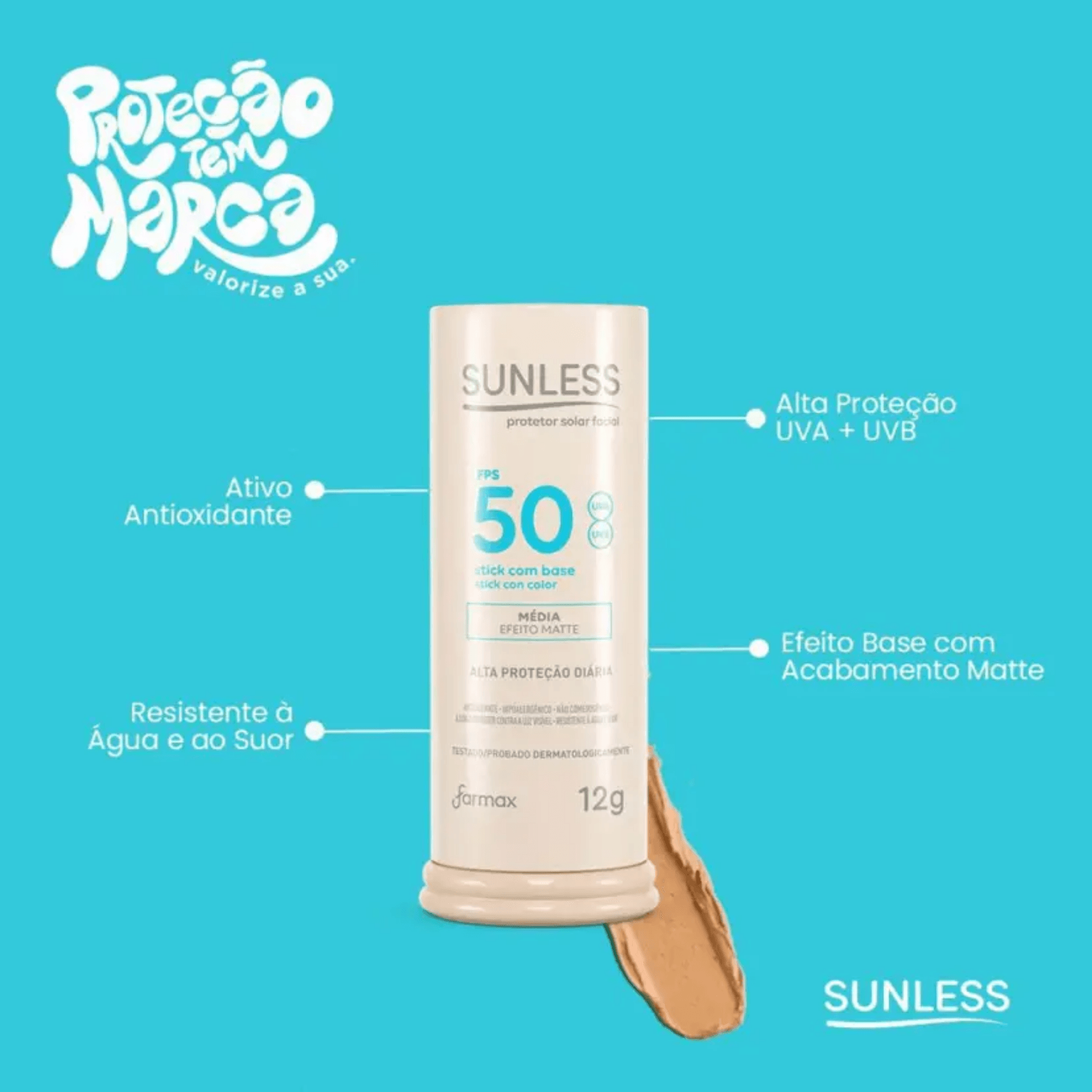 Protetor Solar Facial Stick Sunless 12g FPS 50 - Cor Media -3-